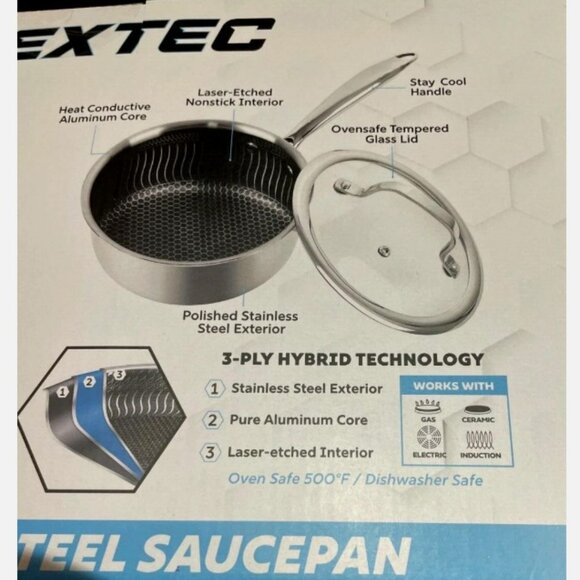 HEXTEC 2.15 Qt 3 Ply Hybrid Sauce Sauce Pan w/ Tempered Glass Lid - NIB - Picture 5 of 6